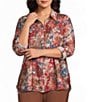 Multiples Plus Size Woven Floral Multi Print Point Collar 3/4 Roll-Tab Sleeve Button-Front Crinkle Shirt - Image 5
