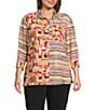 Multiples Plus Size Woven Multi Print Point Collar 3/4 Sleeve Button Front Fitted Shirt, Color:Multi - Image 1