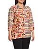 Multiples Plus Size Woven Multi Print Point Collar 3/4 Sleeve Button Front Fitted Shirt, Color:Multi - Image 3