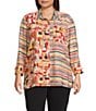 Multiples Plus Size Woven Multi Print Point Collar 3/4 Sleeve Button Front Fitted Shirt, Color:Multi - Image 5