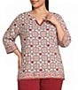 Multiples Plus Size Woven Print Embroidered V-Round Neck 3 /4 Sleeve Top - Image 1