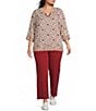 Multiples Plus Size Woven Print Embroidered V-Round Neck 3 /4 Sleeve Top - Image 3