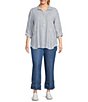 Multiples Plus Size Woven Yarn Dyed Stripe Point Collar 3/4 Roll-Tab Sleeve Pintuck Button-Front Shirt - Image 3