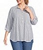 Multiples Plus Size Woven Yarn Dyed Stripe Point Collar 3/4 Roll-Tab Sleeve Pintuck Button-Front Shirt - Image 1