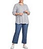 Multiples Plus Size Woven Yarn Dyed Stripe Point Collar 3/4 Roll-Tab Sleeve Pintuck Button-Front Shirt - Image 3