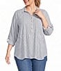 Multiples Plus Size Woven Yarn Dyed Stripe Point Collar 3/4 Roll-Tab Sleeve Pintuck Button-Front Shirt - Image 1