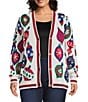 Multiples Plus Size Yarn-Dye Jacquard Embellished Ornaments Long Sleeve Button-Front Sweater Knit Cardigan, Color:Multi - Image 1