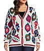 Multiples Plus Size Yarn-Dye Jacquard Embellished Ornaments Long Sleeve Button-Front Sweater Knit Cardigan, Color:Multi - Image 2
