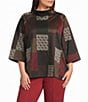 Multiples Plus Size Yarn Dye Jacquard Knit Patchwork Cowl Neck 3/4 Raglan Sleeve Top - Image 1