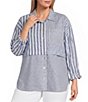 Multiples Plus Size Yarn-Dye Stripe Point Collar Long Roll-tab Sleeve Button-Front Shirt - Image 1