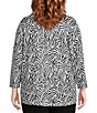 Color:Black/White - Image 2 - Plus Size Zebra Print Peached Hacci Knit Overlapped Mock Collar 3/4 Sleeve Top