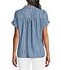 Multiples Print Denim Point Collar Short Dolman Cuffed Sleeve Front Button Placket Top - Image 2