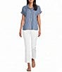 Multiples Print Denim Point Collar Short Dolman Cuffed Sleeve Front Button Placket Top - Image 3