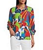 Multiples Printed Point Collar 3/4 Turn Up Cuff Sleeve High-Low Button-Front Shirt - Image 1