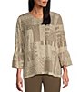 Multiples Printed V-Neck 3/4 Ruffle Sleeve Knit Top,Specials : American Fashion Style Bags On Sale Multiples Printed V-Neck 3/4 Ruffle Sleeve Knit Top,Specials : American Fashion Style Bags On Sale