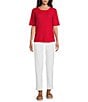 Multiples Scoop Neck Elbow Sleeve Wave Knit Fitted Top, Color:Fiery Red - Image 3