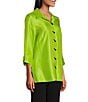 Color:Keylime - Image 3 - Shimmer Woven Collar Turn Up Cuff 3/4 Sleeve Button-Front Shirt