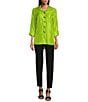 Color:Keylime - Image 5 - Shimmer Woven Collar Turn Up Cuff 3/4 Sleeve Button-Front Shirt