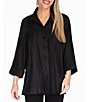 Color:Black - Image 1 - Shimmer Woven Point Collar 3/4 Turn-Up Cuff Sleeve High-Low Hem Button Front Shirt