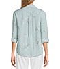 Multiples Petite Size Slub Crinkle Embroidered Stripe Point Collar Long Roll-Tab Sleeve Button Front Shirt, Color:Chambray - Image 2