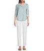 Multiples Petite Size Slub Crinkle Embroidered Stripe Point Collar Long Roll-Tab Sleeve Button Front Shirt, Color:Chambray - Image 5