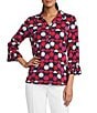 Multiples Slub Jersey Knit Dot Print Collared V-Neck 3/4 Sleeve Top - Image 1