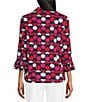 Multiples Slub Jersey Knit Dot Print Collared V-Neck 3/4 Sleeve Top - Image 2