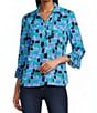 Multiples Slub Jersey Knit Geometric Print Collared V-Neck 3/4 Sleeve Top - Image 1