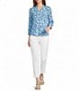 Multiples Slub Knit Geometric Ruffled Y-Neck 3/4 Sleeve Top - Image 3