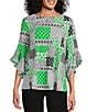 Multiples Slub Knit Georgette Geometric Multi Print Scoop Neck 3/4 Flounce Sleeve Fitted Top, Color:Geometric Multi - Image 1