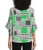 Multiples Slub Knit Georgette Geometric Multi Print Scoop Neck 3/4 Flounce Sleeve Fitted Top, Color:Geometric Multi - Image 2