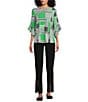 Multiples Slub Knit Georgette Geometric Multi Print Scoop Neck 3/4 Flounce Sleeve Fitted Top, Color:Geometric Multi - Image 3