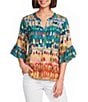 Multiples Slub Knit Multi Print Banded Y-Neck Elbow Flounce Sleeve Top - Image 1