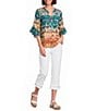 Multiples Slub Knit Multi Print Banded Y-Neck Elbow Flounce Sleeve Top - Image 3