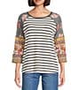 Multiples Slub Knit Multi Printed Scoop Neck 3/4 Raglan Sleeve Top, Color:Multi Print - Image 1