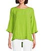 Color:Leaf - Image 1 - Slub Woven Scoop Neck 3/4 Sleeve Ruffled Fitted Top