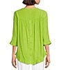 Color:Leaf - Image 2 - Slub Woven Scoop Neck 3/4 Sleeve Ruffled Fitted Top
