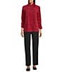 Multiples Soft Textured Striped Plush Rib Knit Wrap Collar 3/4 Bungee Sleeve Top, Color:Crimson - Image 3