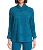 Multiples Soft Textured Striped Plush Rib Knit Wrap Collar 3/4 Bungee Sleeve Top, Color:Peacock - Image 1