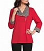 Multiples Solid Baby French Terry Plaid Quarter Zip Collar Band Cuff 3/4 Sleeve Top - Image 1