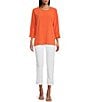 Color:Bright Melon - Image 3 - Solid Crinkle Woven Crew Neck Smocked 3/4 Dolman Sleeve Top