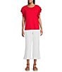 Multiples Solid Knit Jersey Scoop Neck Short Flutter Sleeve Fitted Top, Color:Fiery Red - Image 3