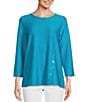 Color:Soft Turquoise - Image 1 - Solid Textured Knit Scoop Neck 3/4 Sleeve Decorative Button Front Top