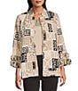 Multiples Textured Bark Cloth Patchwork Print Banded Collar 3/4 Sleeve Button Front Jacket, Color:Multi - Image 1