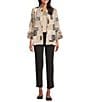 Multiples Textured Bark Cloth Patchwork Print Banded Collar 3/4 Sleeve Button Front Jacket, Color:Multi - Image 3