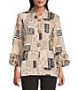 Multiples Textured Bark Cloth Patchwork Print Banded Collar 3/4 Sleeve Button Front Jacket, Color:Multi - Image 4