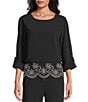 Multiples Coordinating Woven Boat Neck Long Roll-Tab Sleeve Embroidered Scalloped Hem Top, Color:Black - Image 1