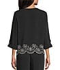 Multiples Coordinating Woven Boat Neck Long Roll-Tab Sleeve Embroidered Scalloped Hem Top, Color:Black - Image 2