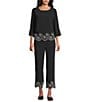 Multiples Coordinating Woven Boat Neck Long Roll-Tab Sleeve Embroidered Scalloped Hem Top, Color:Black - Image 3