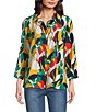 Multiples Woven Circle Multi Print Point Collar 3/4 Roll-Tab Sleeve Button-Front Crinkle Shirt - Image 1